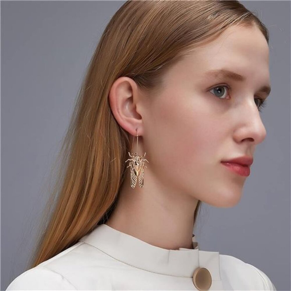 Vintage Cicada Hoop Earrings | Egyptian Insect Dangle Drops - Picture 2 of 4